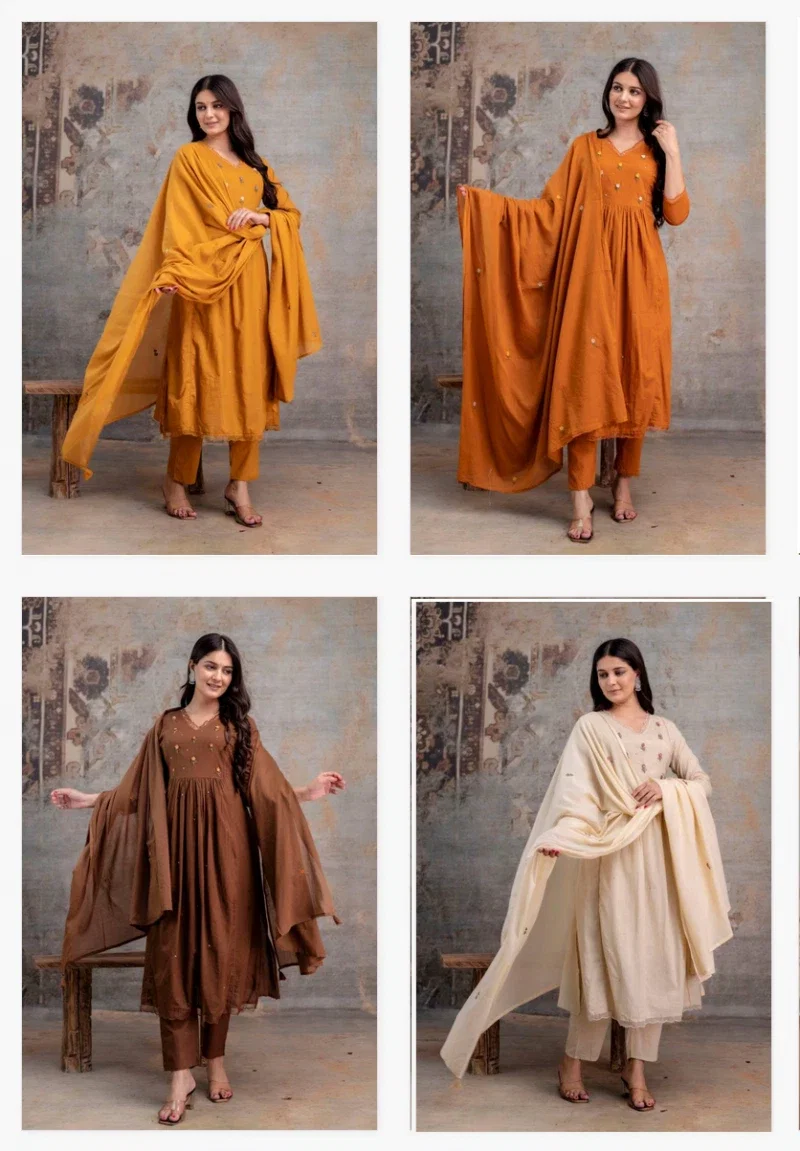 Naisha K 347 Cotton Embroidery Work Kurti Pant And Dupatta