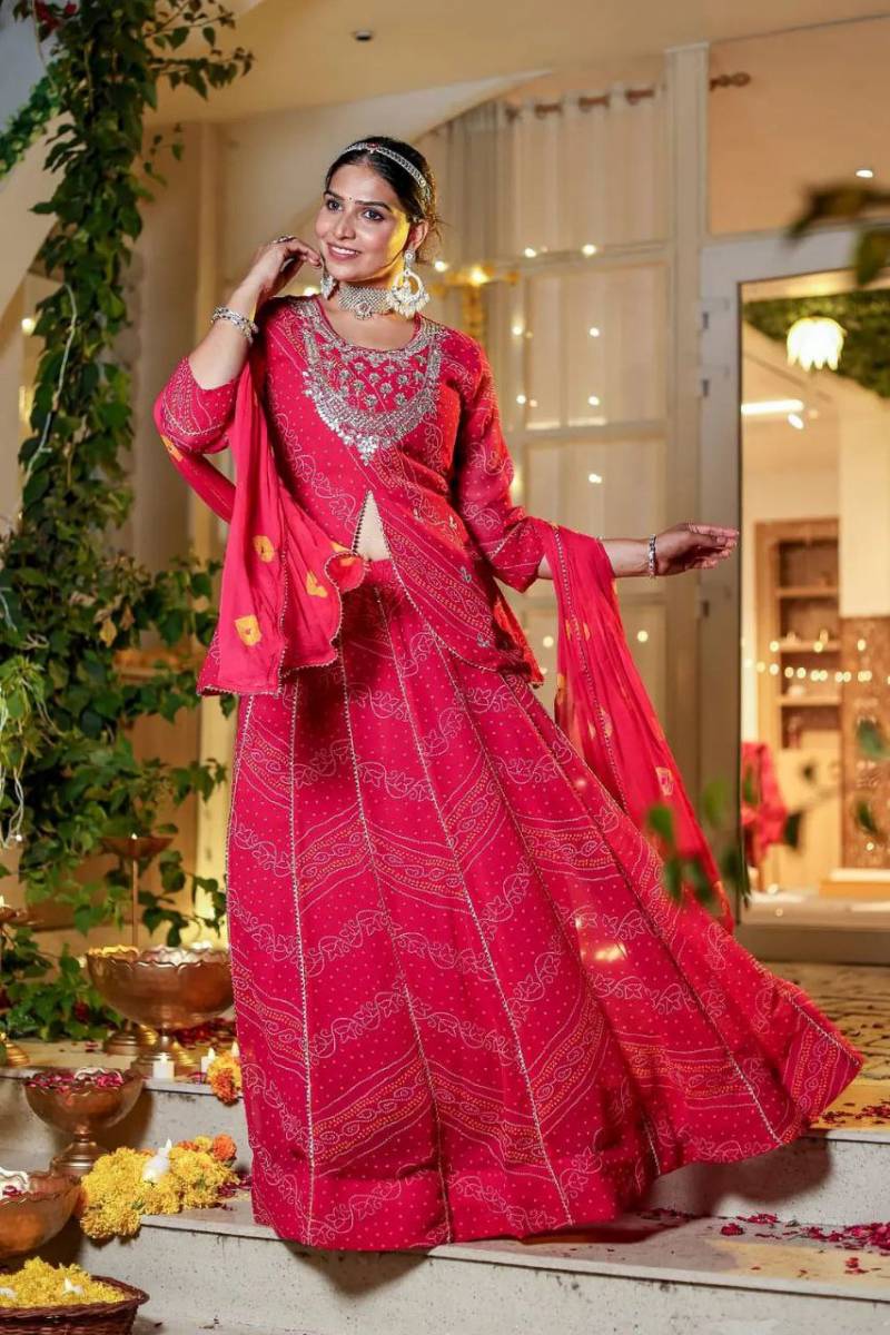 7126 Beautiful Georgette Embroidered Digital Printed Bandhani Lehenga