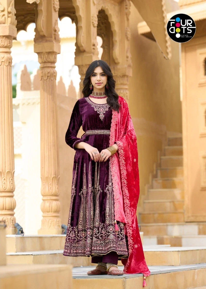Four Dots Anarkali Viscose Makhmali Velvet Work Salwar Kameez Suits