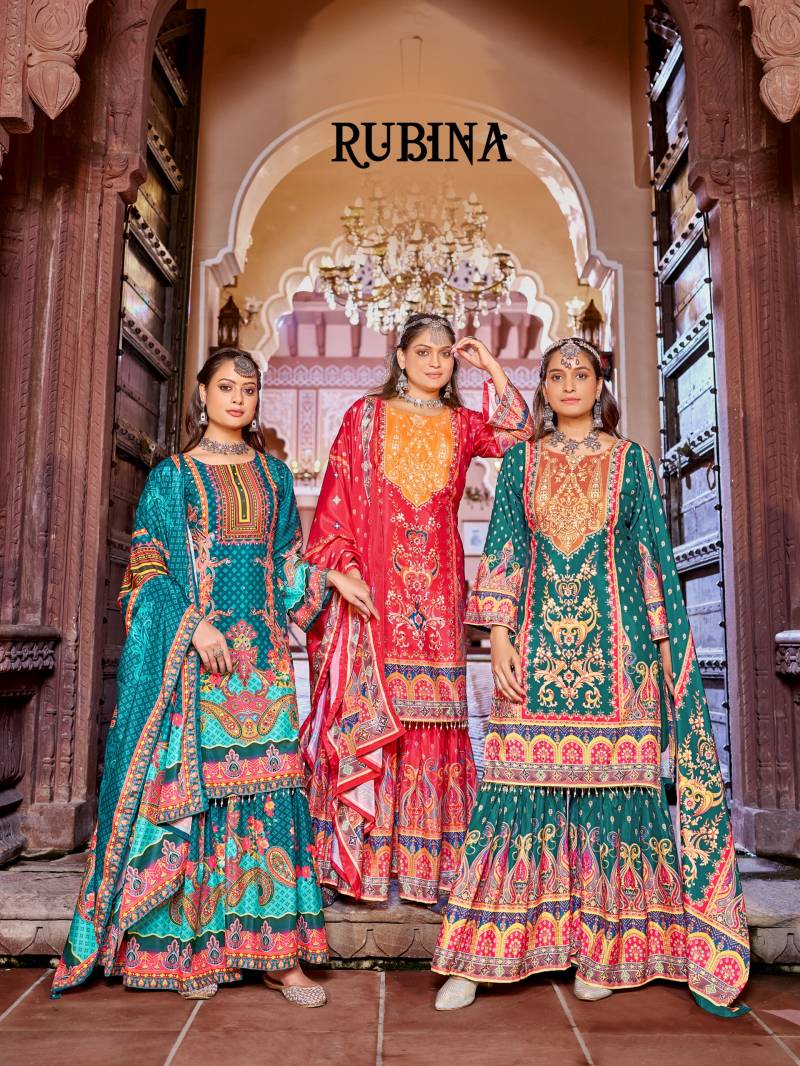 Mukesh Rubina Crape Silk Digital Print Top Sharara And Dupatta Collection