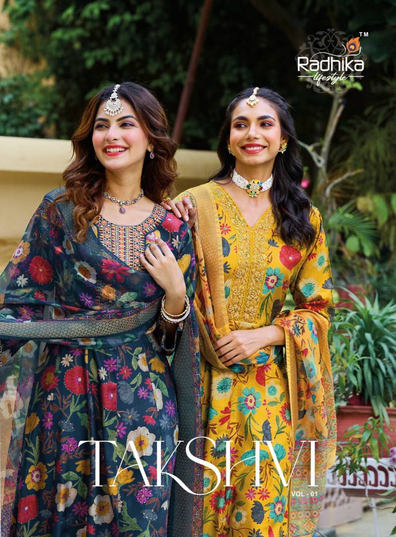 Radhika Takshvi Vol 1 Vertican Embroidery Work Kurti Pant And Dupatta