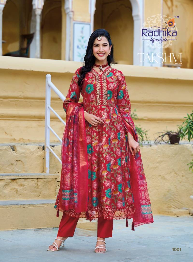 Radhika Takshvi Vol 1 Vertican Embroidery Work Kurti Pant And Dupatta