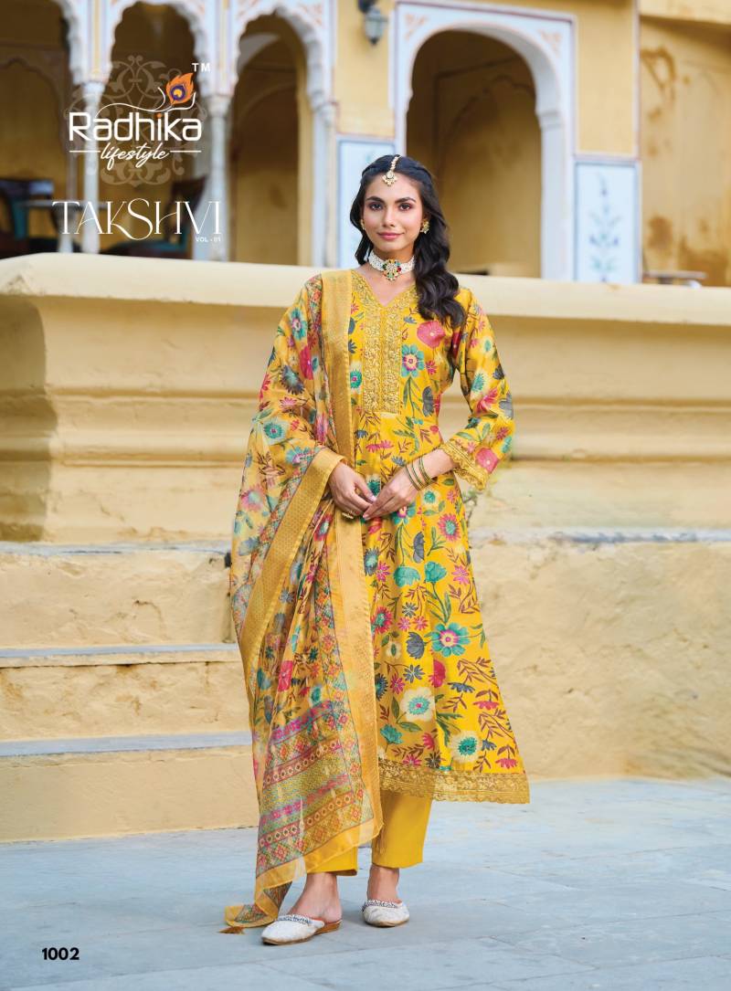 Radhika Takshvi Vol 1 Vertican Embroidery Work Kurti Pant And Dupatta