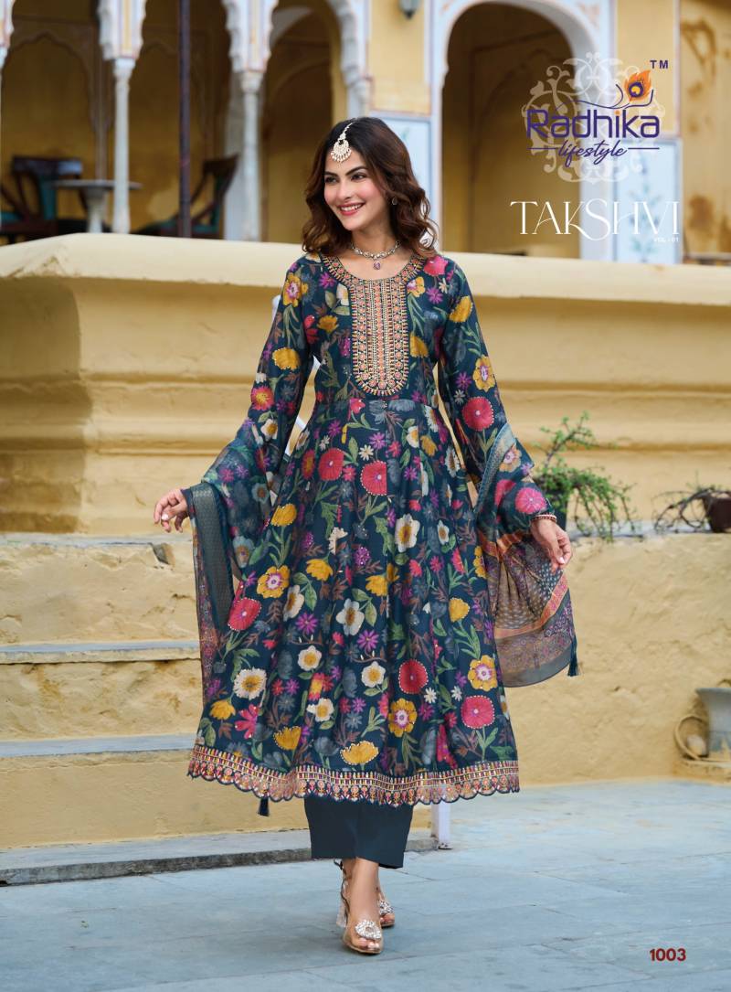 Radhika Takshvi Vol 1 Vertican Embroidery Work Kurti Pant And Dupatta