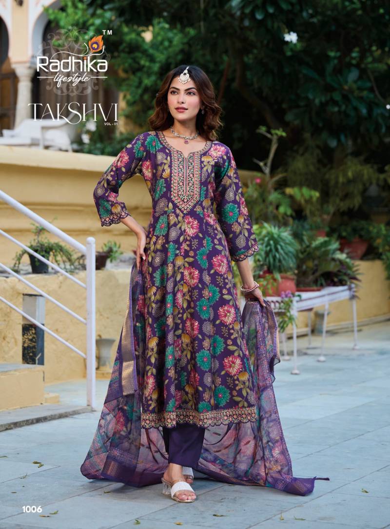 Radhika Takshvi Vol 1 Vertican Embroidery Work Kurti Pant And Dupatta