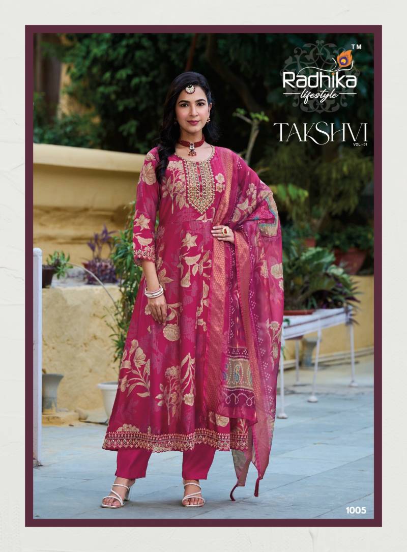 Radhika Takshvi Vol 1 Vertican Embroidery Work Kurti Pant And Dupatta