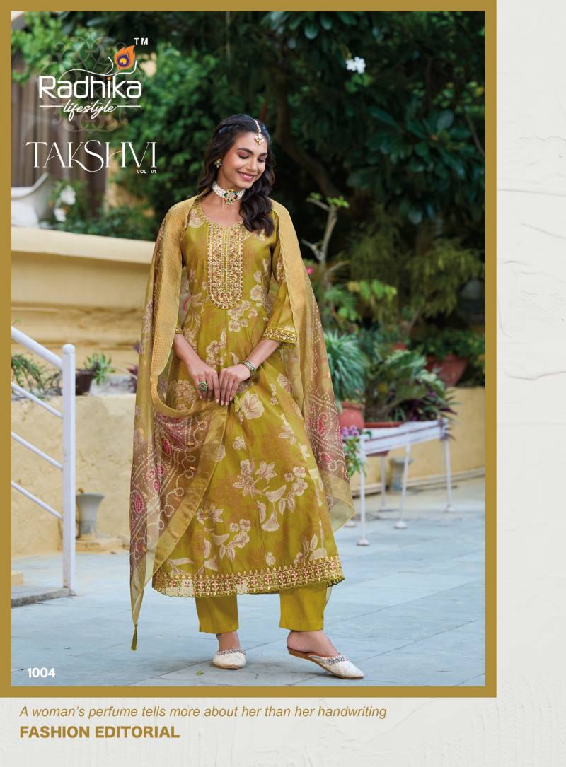 Radhika Takshvi Vol 1 Vertican Embroidery Work Kurti Pant And Dupatta
