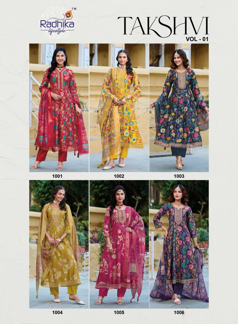 Radhika Takshvi Vol 1 Vertican Embroidery Work Kurti Pant And Dupatta