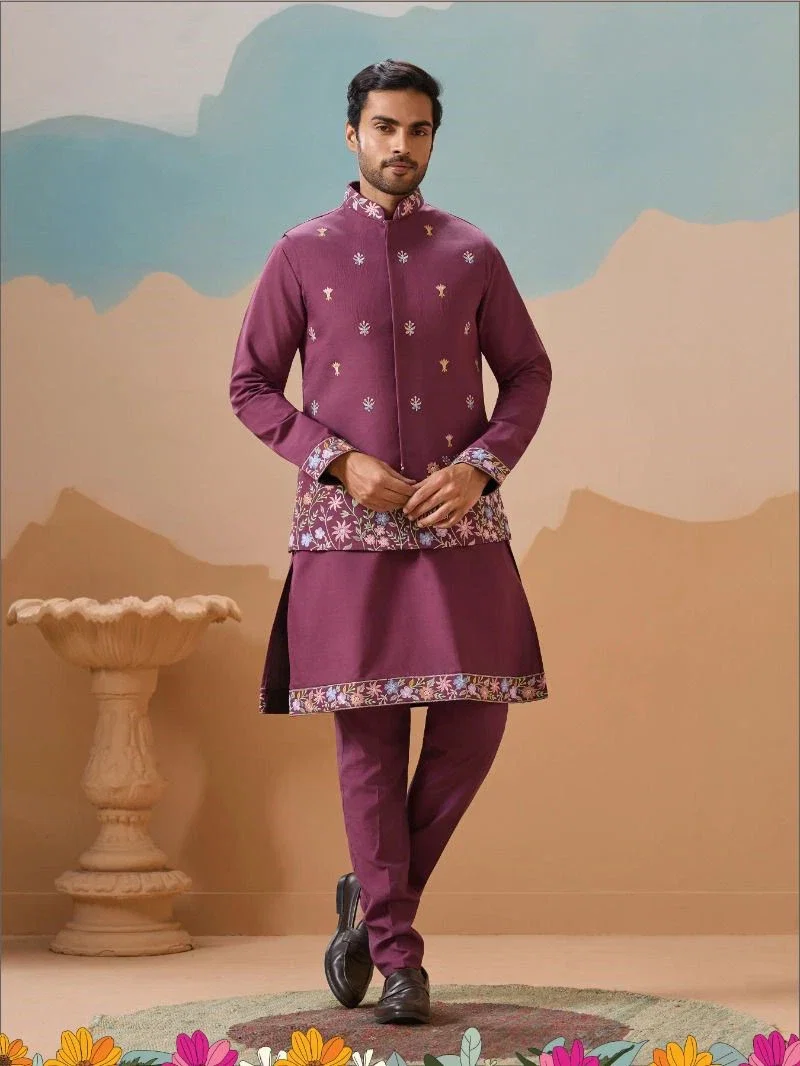 Shubhvastra Royal Rivaaj Viscose Thread Work Kurta Bottom Koti Mens Wear