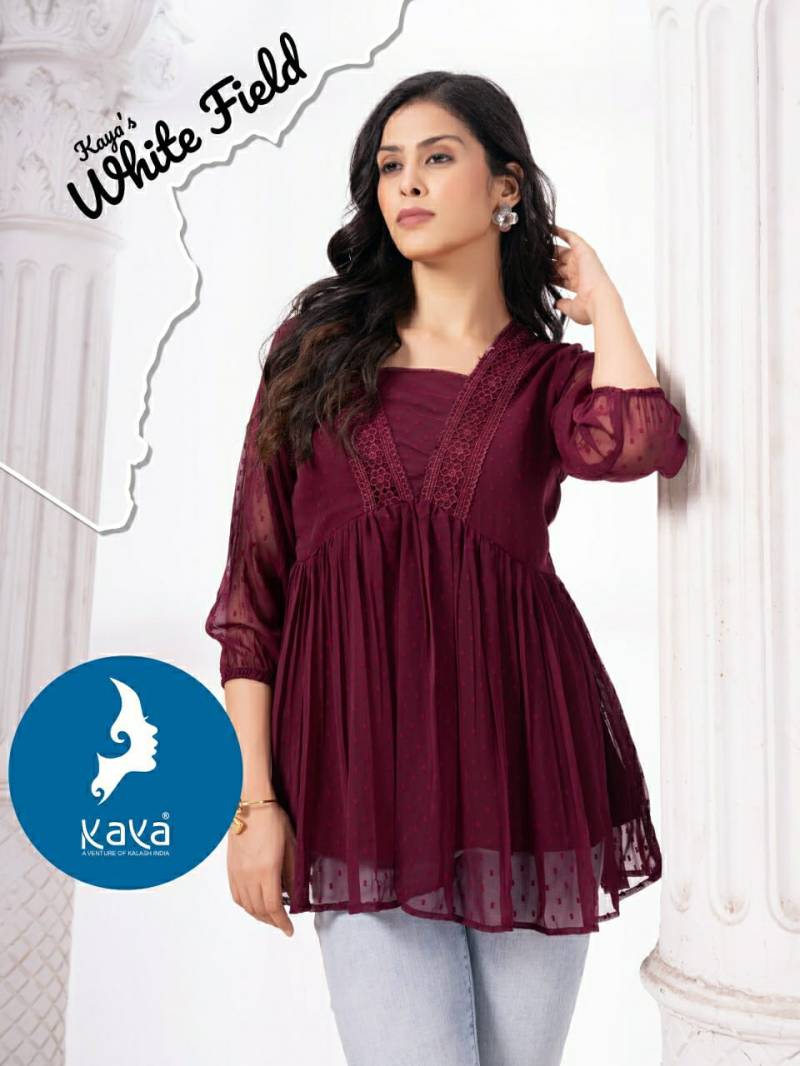 Kaya White Field Georgette Butti Casual Wear Short Top Collection