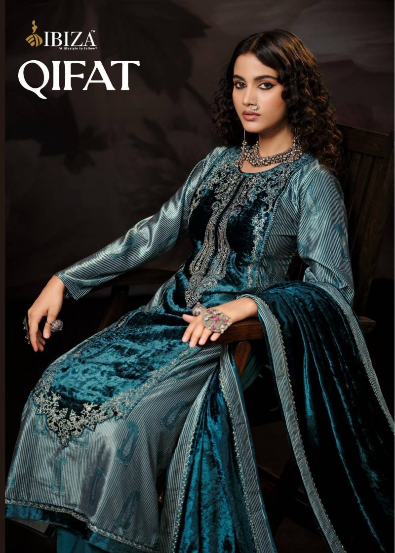 Ibiza Qifat Viscose Velvet Digital Print And Work Salwar Kameez Suits