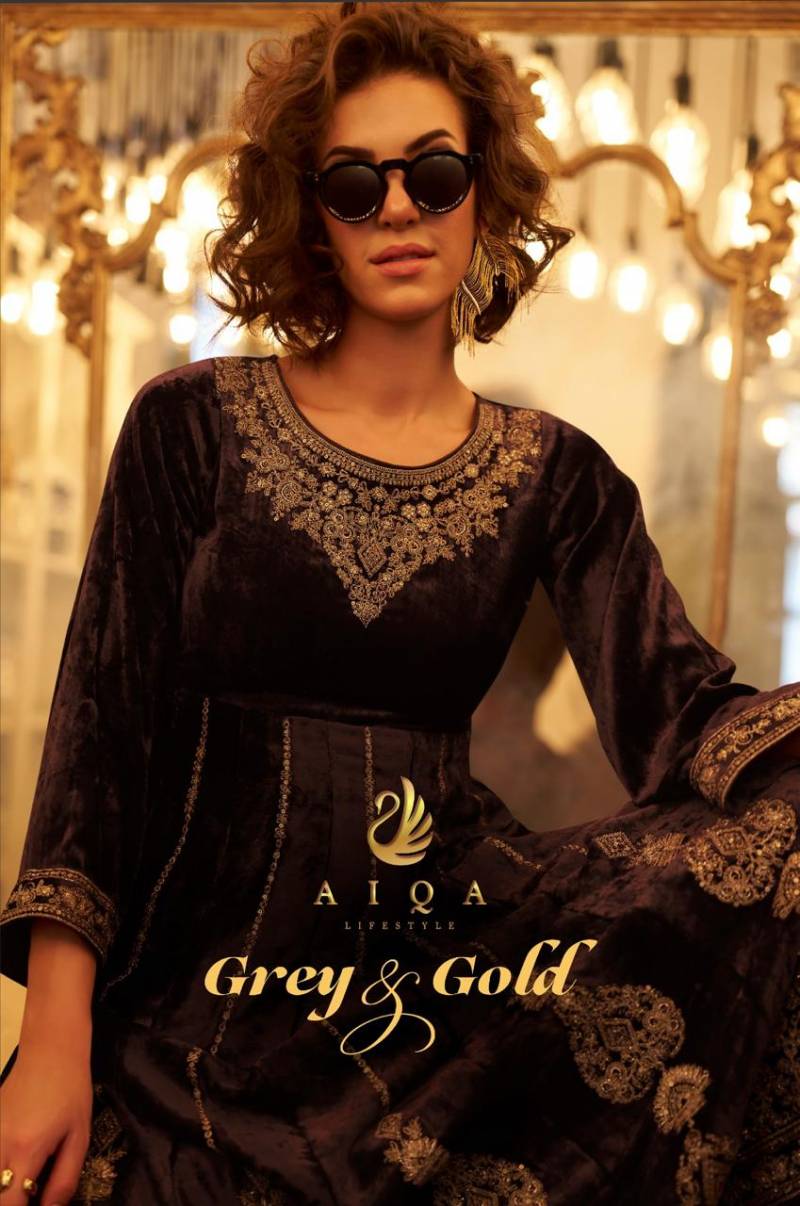 Aiqa Grey And Gold Viscose Velvet Fancy Work Salwar Kameez Collection