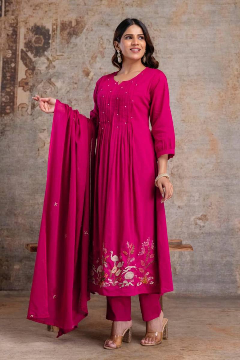 Naisha K 369 Cotton Embroidered Work Kurti Pant And Dupatta Collection