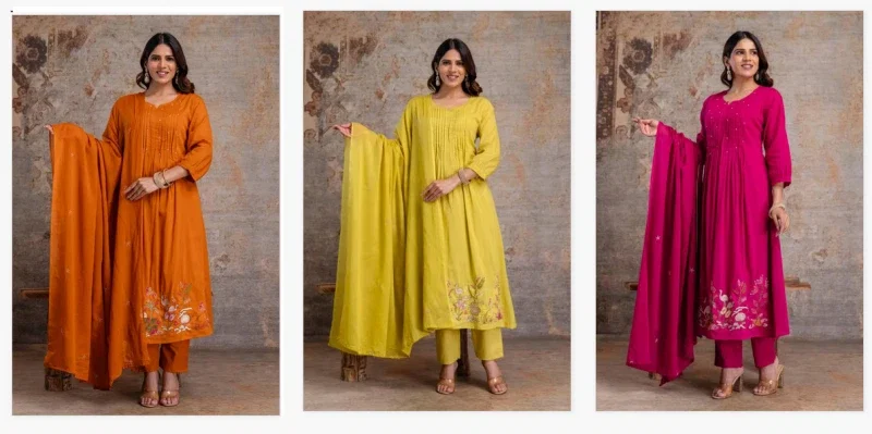Naisha K 369 Cotton Embroidered Work Kurti Pant And Dupatta Collection