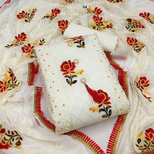Navya Suit 147 Party Wear Semi Stitched Aari Worked Cotton Dreas Mateiral with Bottom and Dupatta