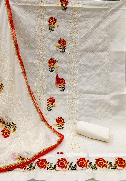 Navya Suit 147 Party Wear Semi Stitched Aari Worked Cotton Dreas Mateiral with Bottom and Dupatta