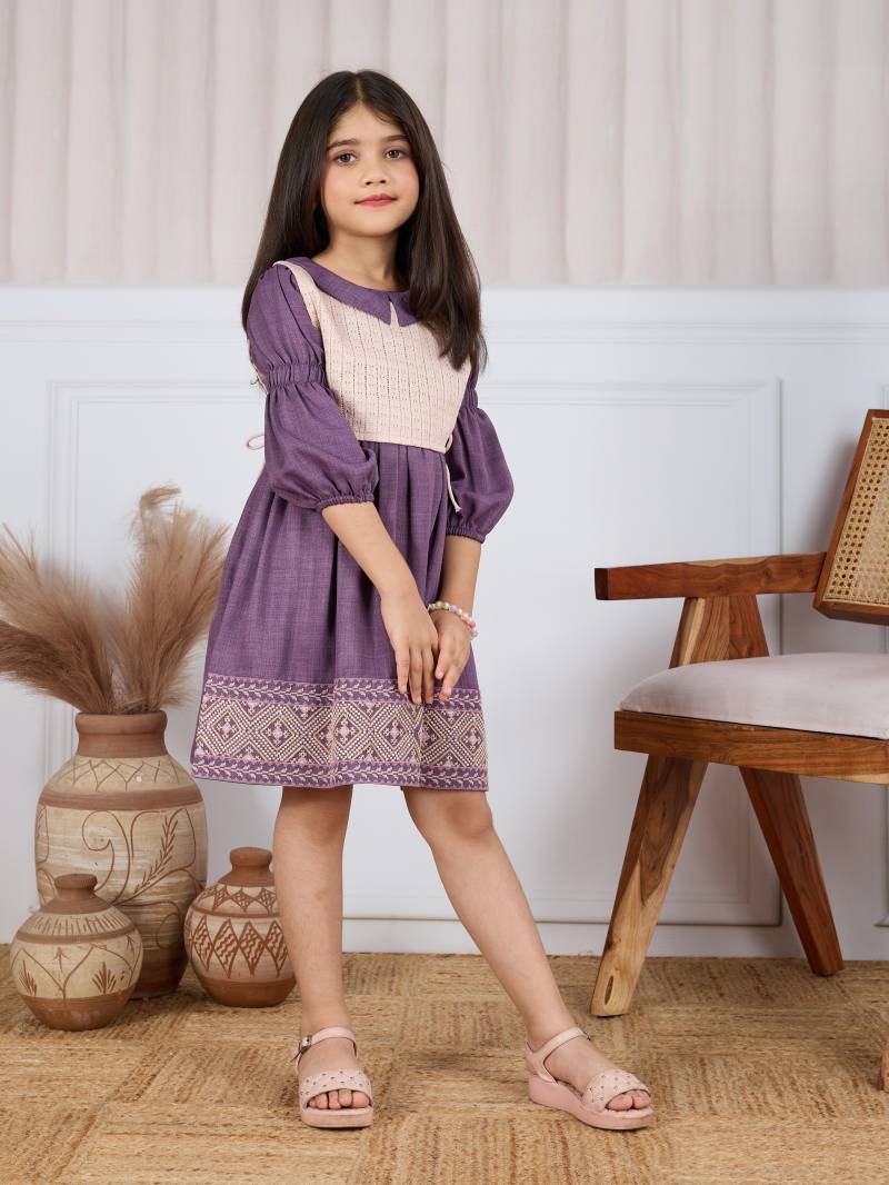 T 5075 A And B Linen Cotton Crochet Frok With Jacket Girls Wear Collection