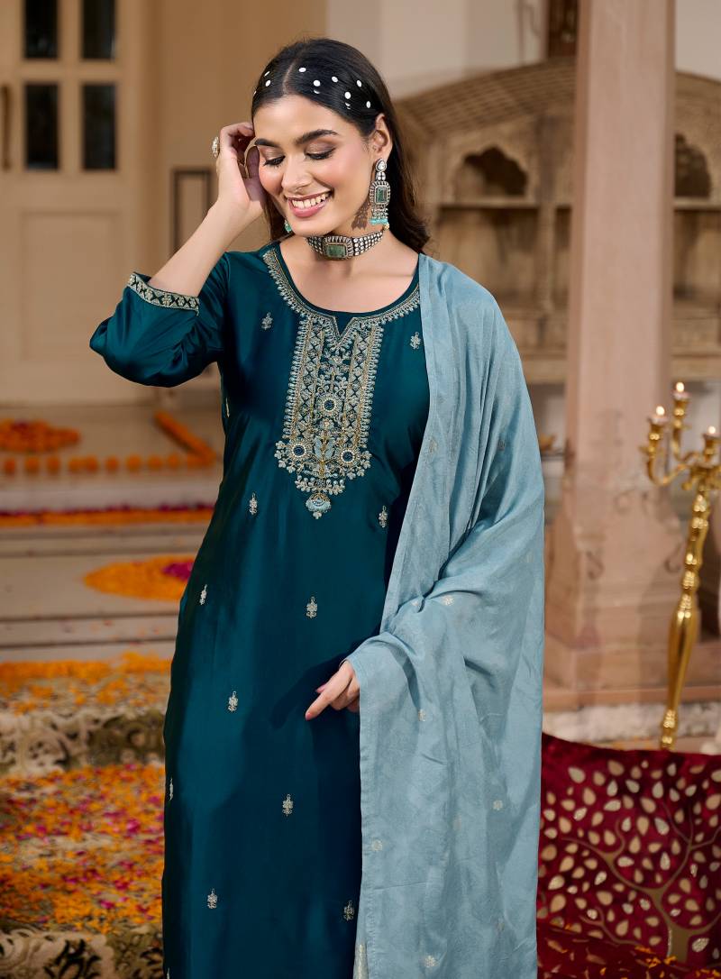 Radhika Raahi Vol 1 Rangeela Silk Embrodery Kurti Pant And Dupatta