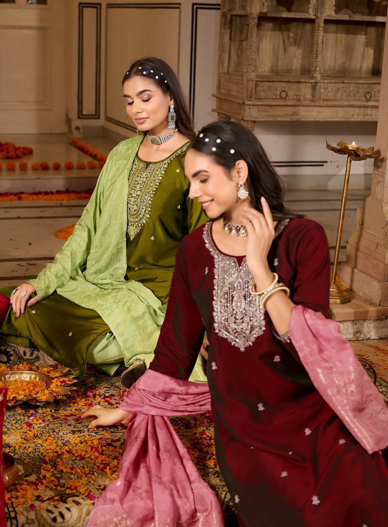Radhika Raahi Vol 1 Rangeela Silk Embrodery Kurti Pant And Dupatta