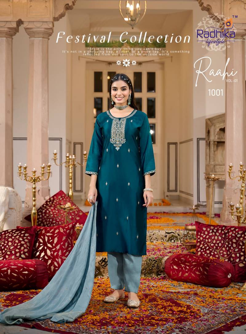 Radhika Raahi Vol 1 Rangeela Silk Embrodery Kurti Pant And Dupatta