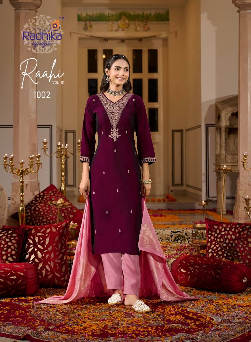 Radhika Raahi Vol 1 Rangeela Silk Embrodery Kurti Pant And Dupatta