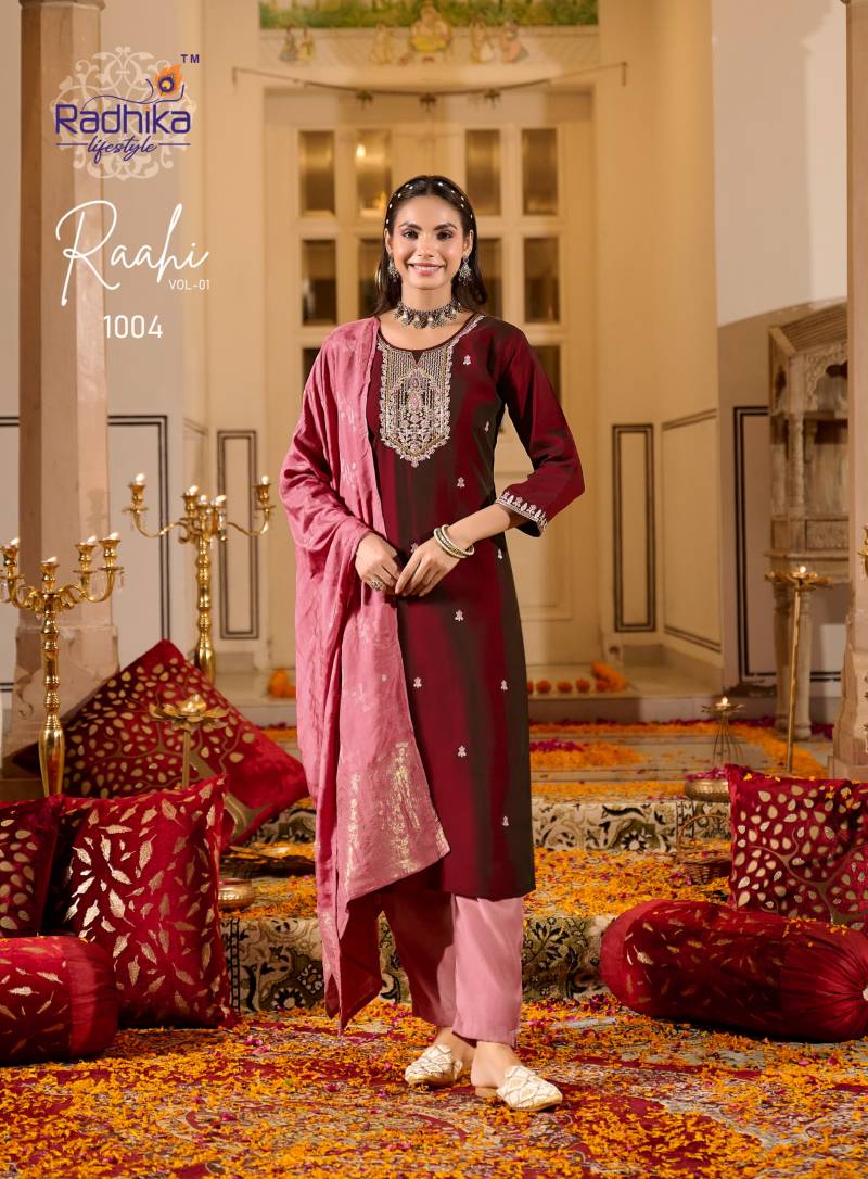 Radhika Raahi Vol 1 Rangeela Silk Embrodery Kurti Pant And Dupatta