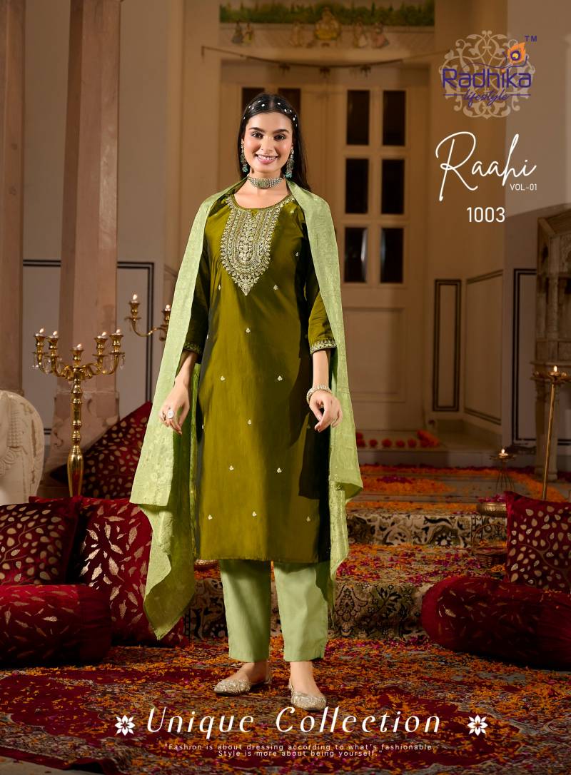 Radhika Raahi Vol 1 Rangeela Silk Embrodery Kurti Pant And Dupatta