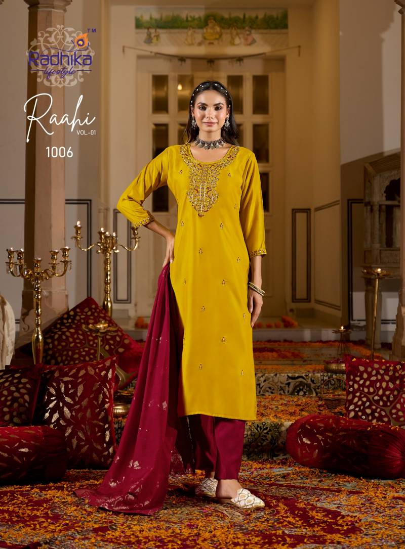 Radhika Raahi Vol 1 Rangeela Silk Embrodery Kurti Pant And Dupatta