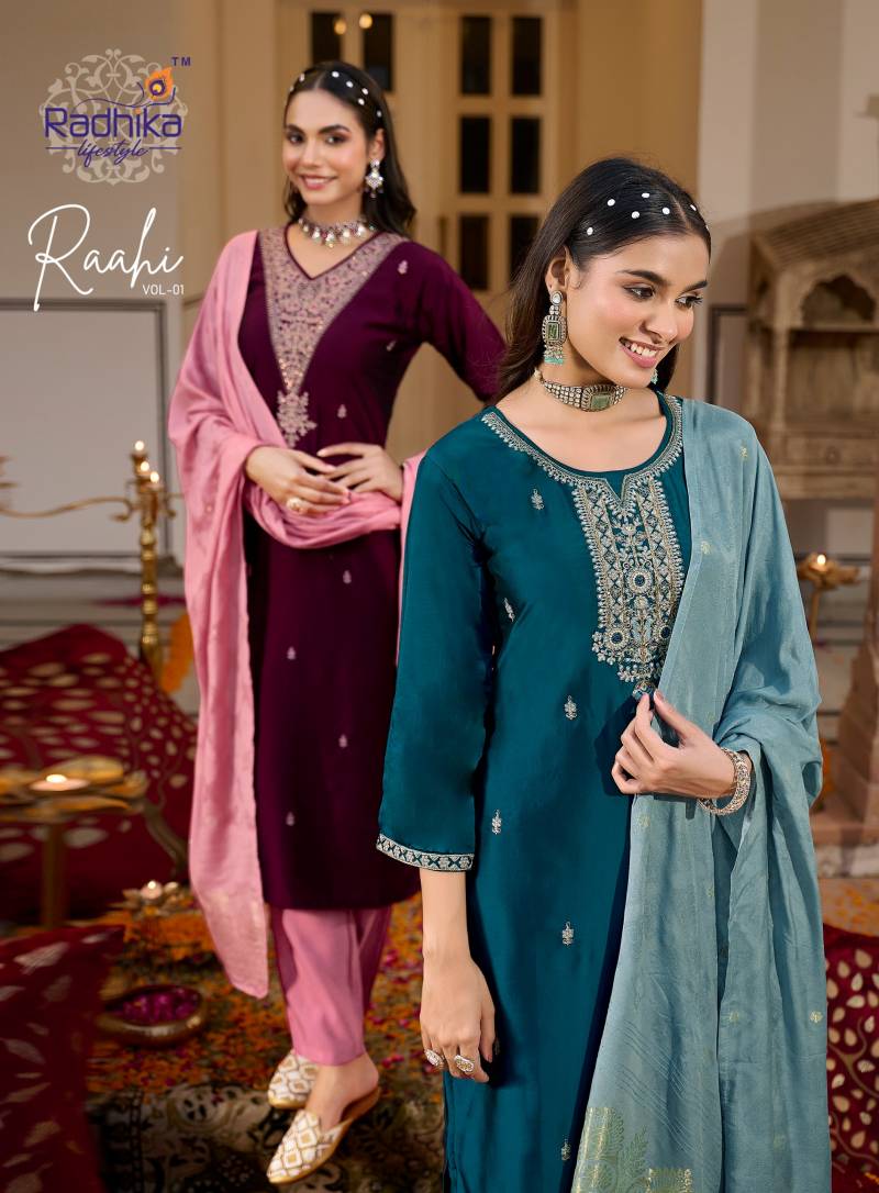 Radhika Raahi Vol 1 Rangeela Silk Embrodery Kurti Pant And Dupatta