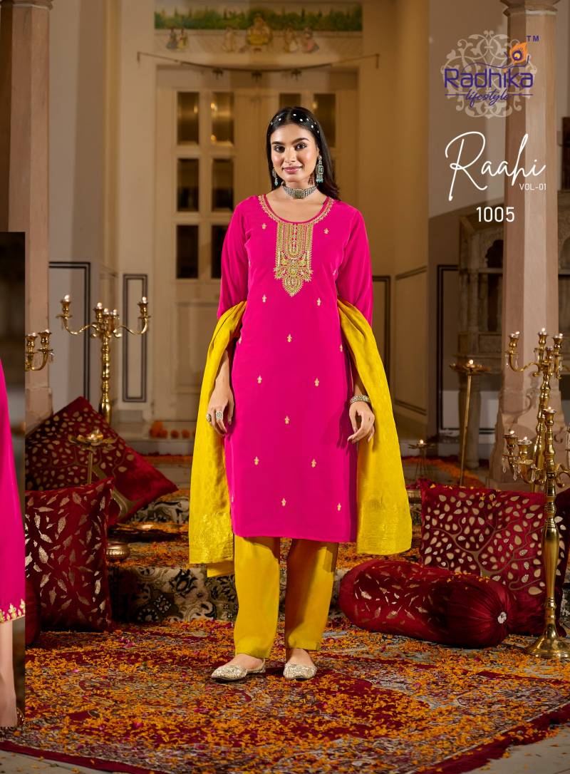 Radhika Raahi Vol 1 Rangeela Silk Embrodery Kurti Pant And Dupatta