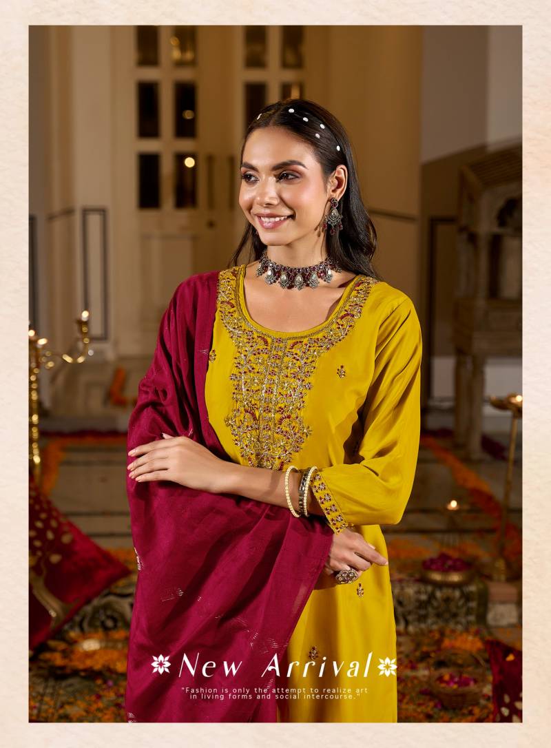 Radhika Raahi Vol 1 Rangeela Silk Embrodery Kurti Pant And Dupatta