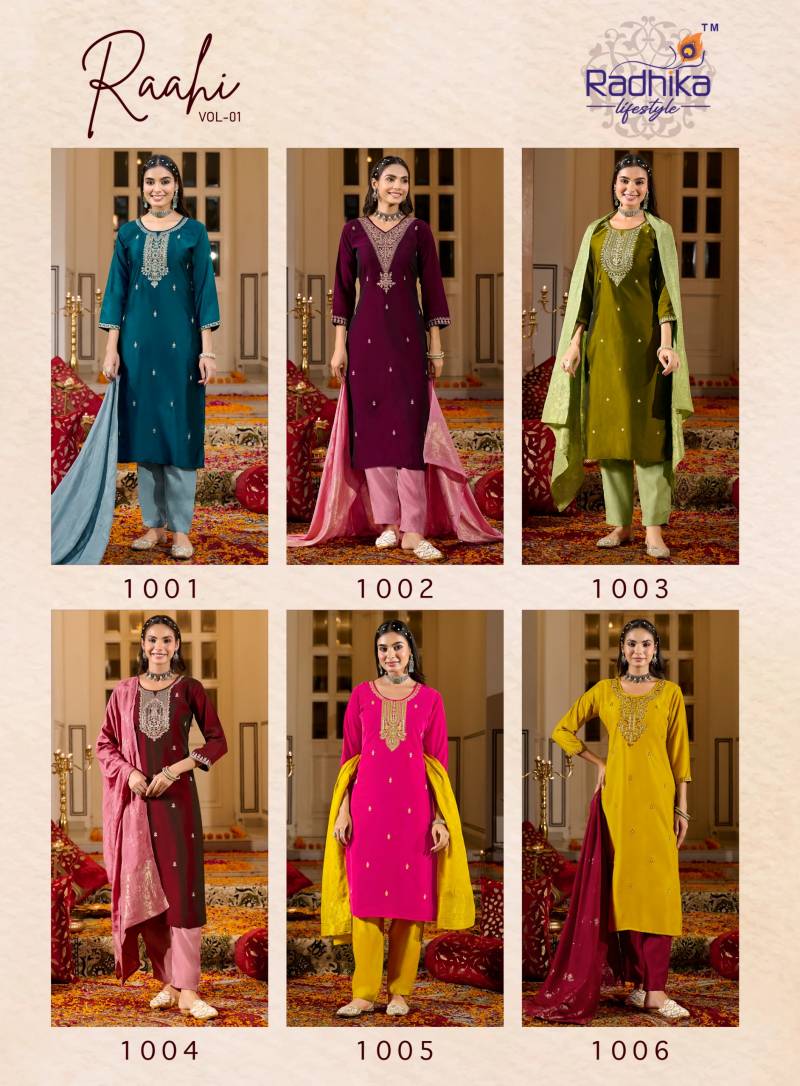 Radhika Raahi Vol 1 Rangeela Silk Embrodery Kurti Pant And Dupatta