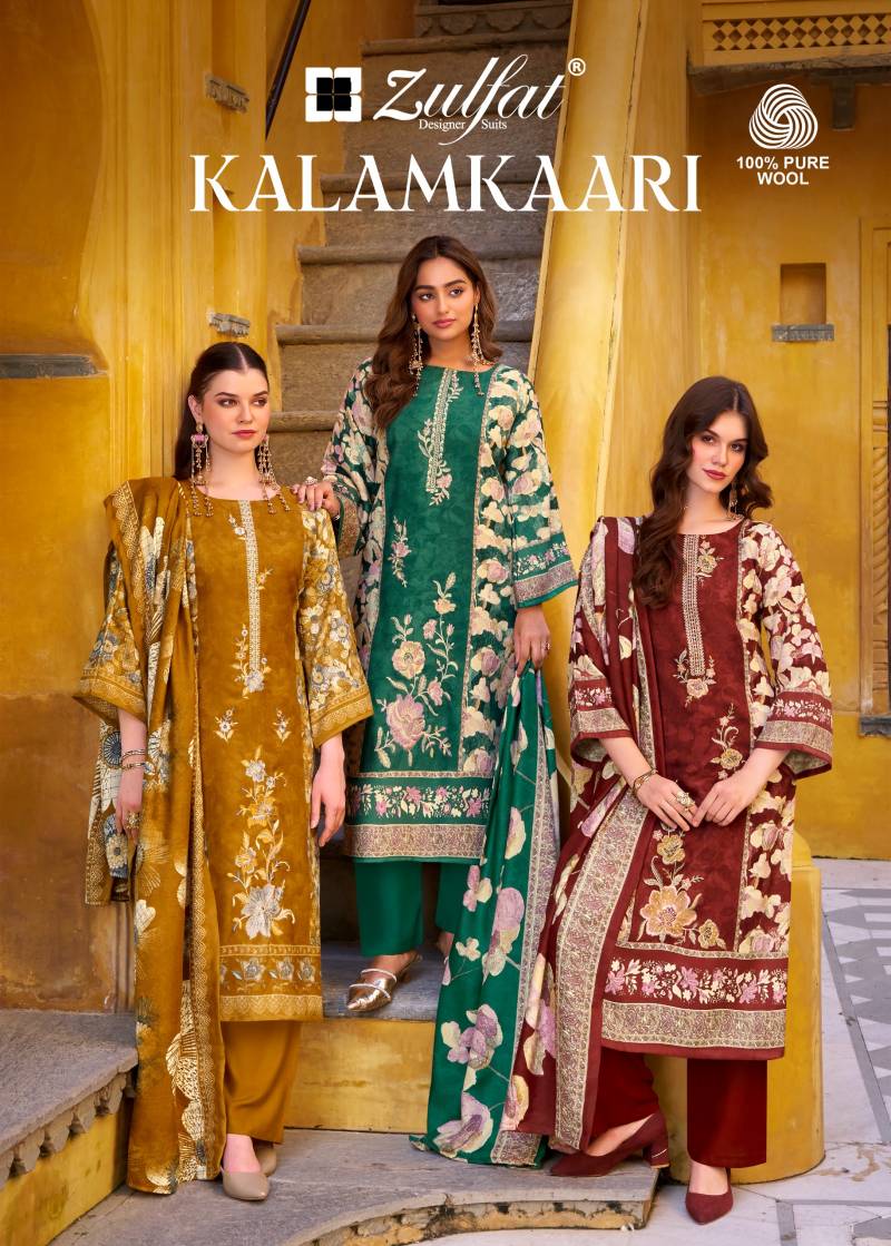 Zulfat Kalamkari Woollen Pashmina Embroidered Dress Material Collection