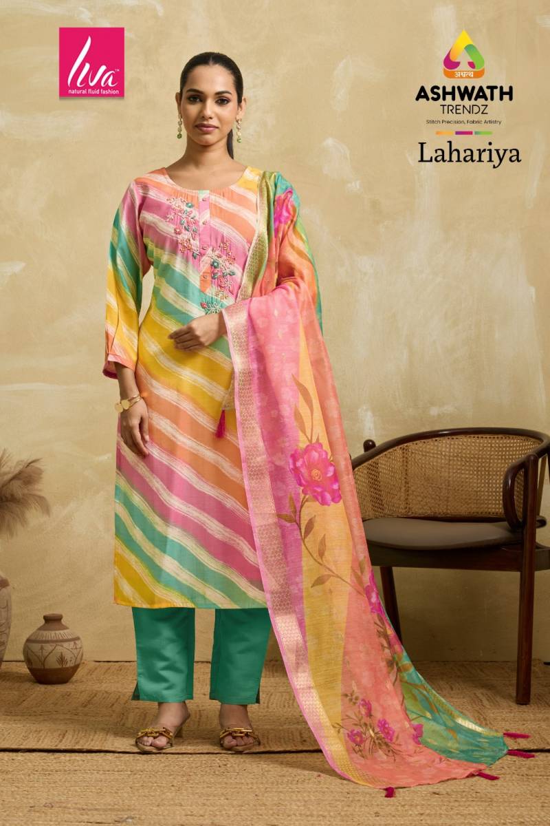At Lahariya Saffron Silk Foil Print Kurti Pant And Dupatta Collection