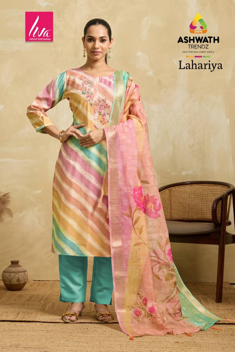 At Lahariya Saffron Silk Foil Print Kurti Pant And Dupatta Collection