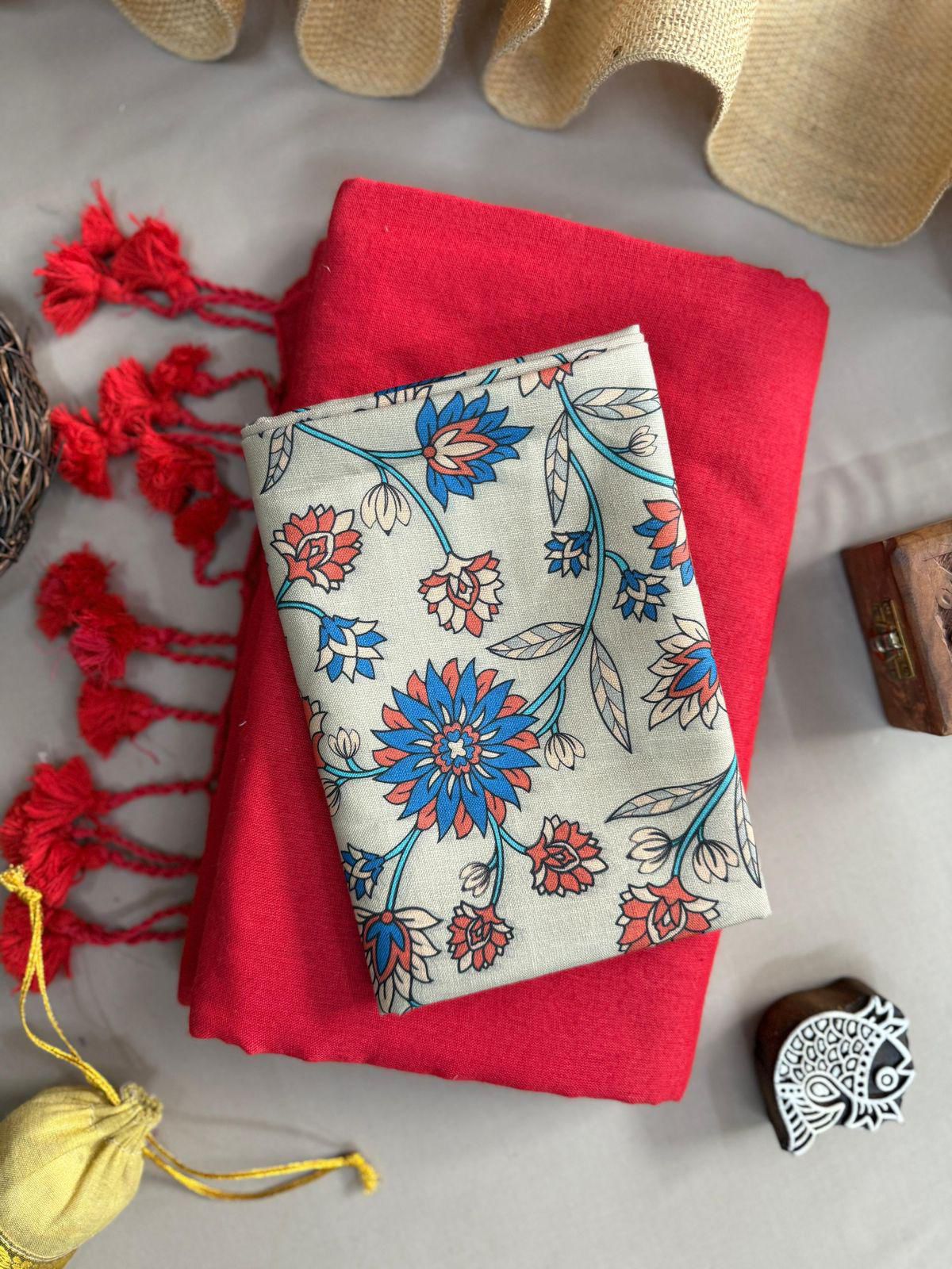 Lekha CF 121 Khadi Cotton Plain Saree With Printed Blouse