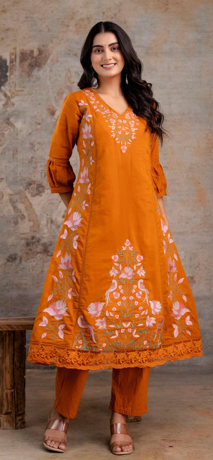 Naisha K 372 Cotton Mul Mul Embroidered Kurti Pant And Dupatta