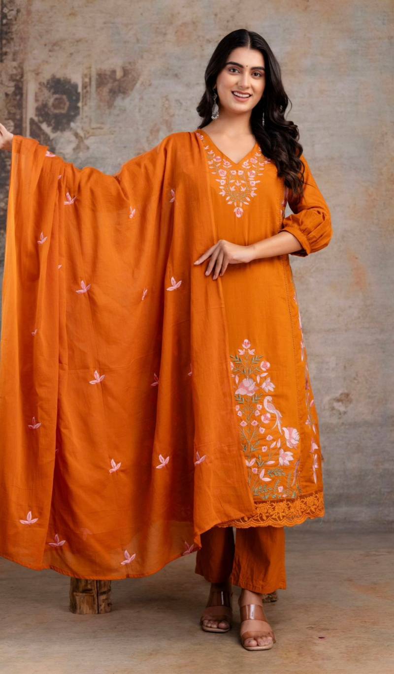 Naisha K 372 Cotton Mul Mul Embroidered Kurti Pant And Dupatta