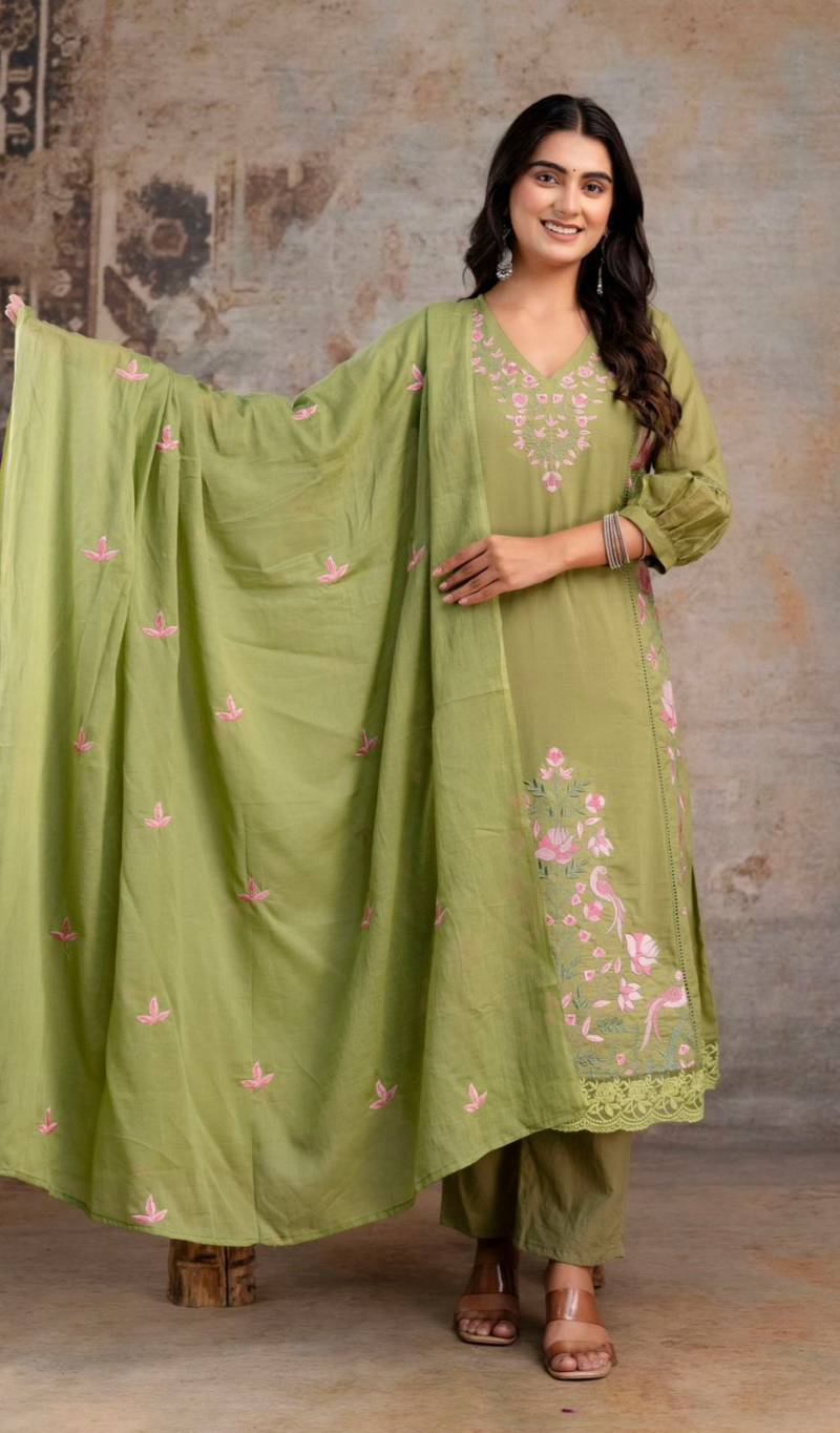 Naisha K 372 Cotton Mul Mul Embroidered Kurti Pant And Dupatta