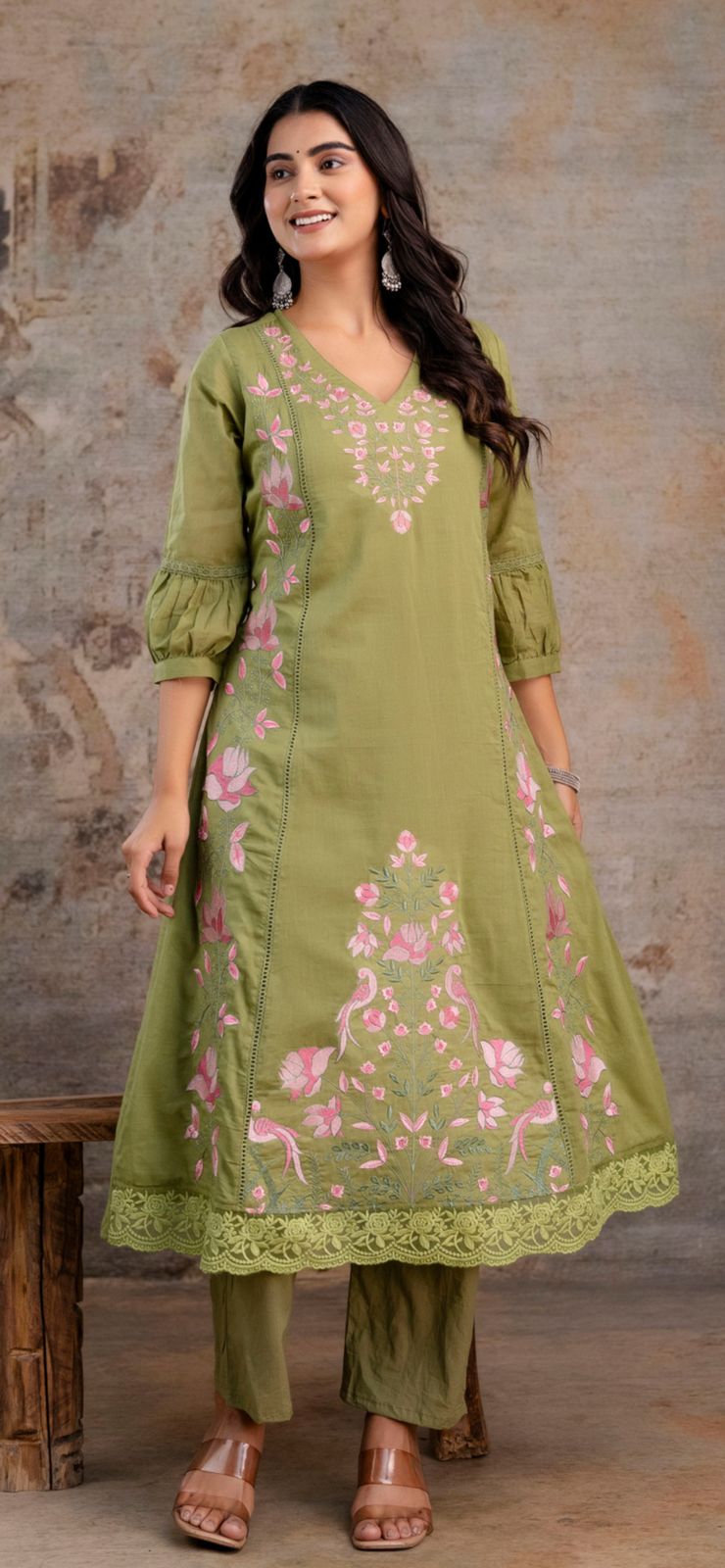 Naisha K 372 Cotton Mul Mul Embroidered Kurti Pant And Dupatta