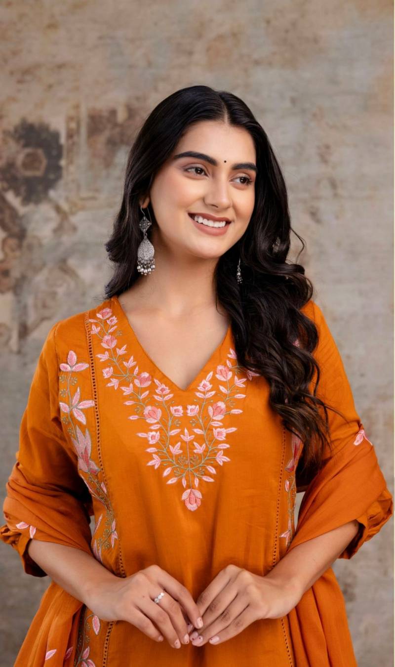 Naisha K 372 Cotton Mul Mul Embroidered Kurti Pant And Dupatta
