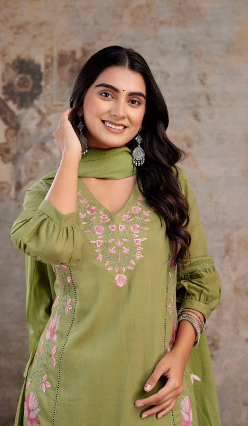 Naisha K 372 Cotton Mul Mul Embroidered Kurti Pant And Dupatta