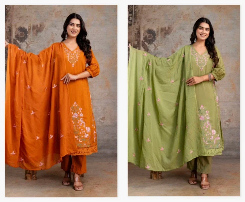 Naisha K 372 Cotton Mul Mul Embroidered Kurti Pant And Dupatta