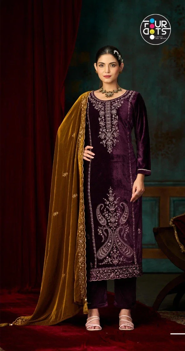 Four Dots Xpose Viscose Velvet With Work Designer Salwar Kameez
