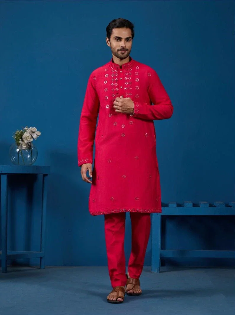 Shubhvastra Royal Occasions Viscose Silk Mirror Work Kurta Pajama