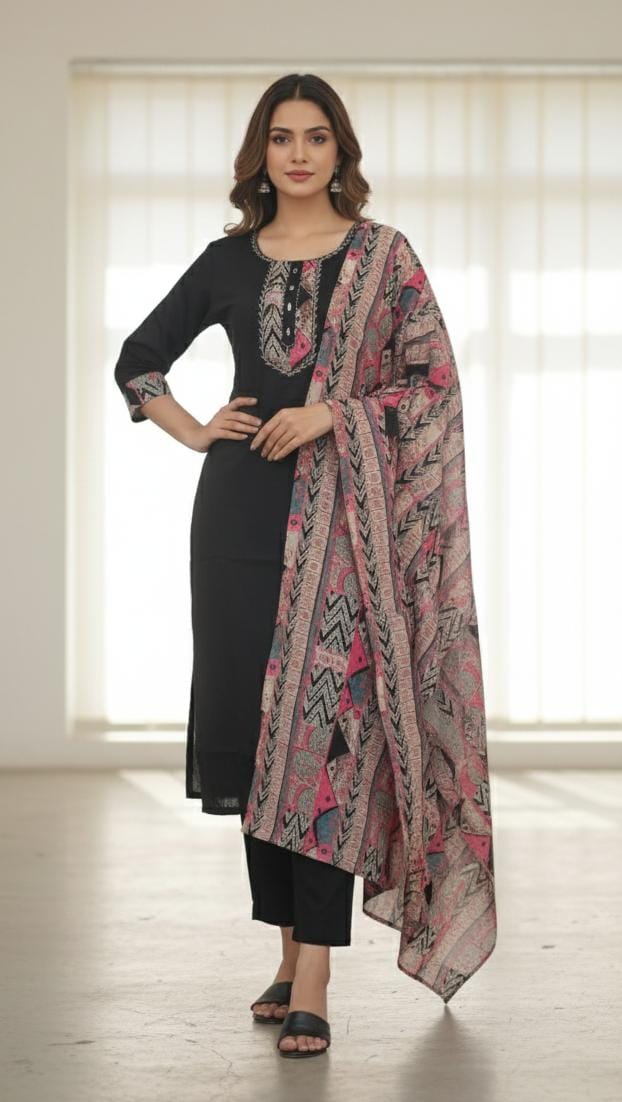 Naisha K 382 Slub Rayon Casual Wear Kurti Pant And Dupatta Collection