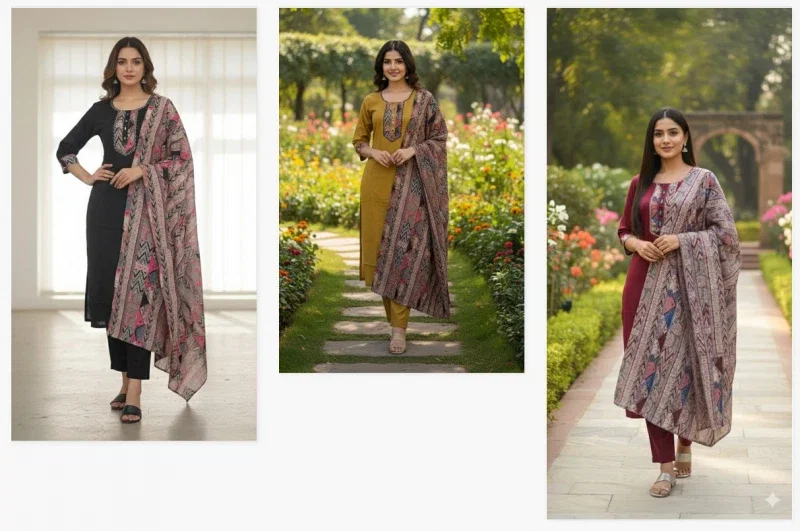 Naisha K 382 Slub Rayon Casual Wear Kurti Pant And Dupatta Collection