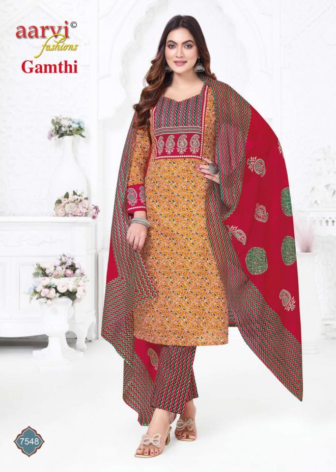 Aarvi Gamthi Vol 11 Readymade Cotton Hand Worked Kurti Pant With Dupatta