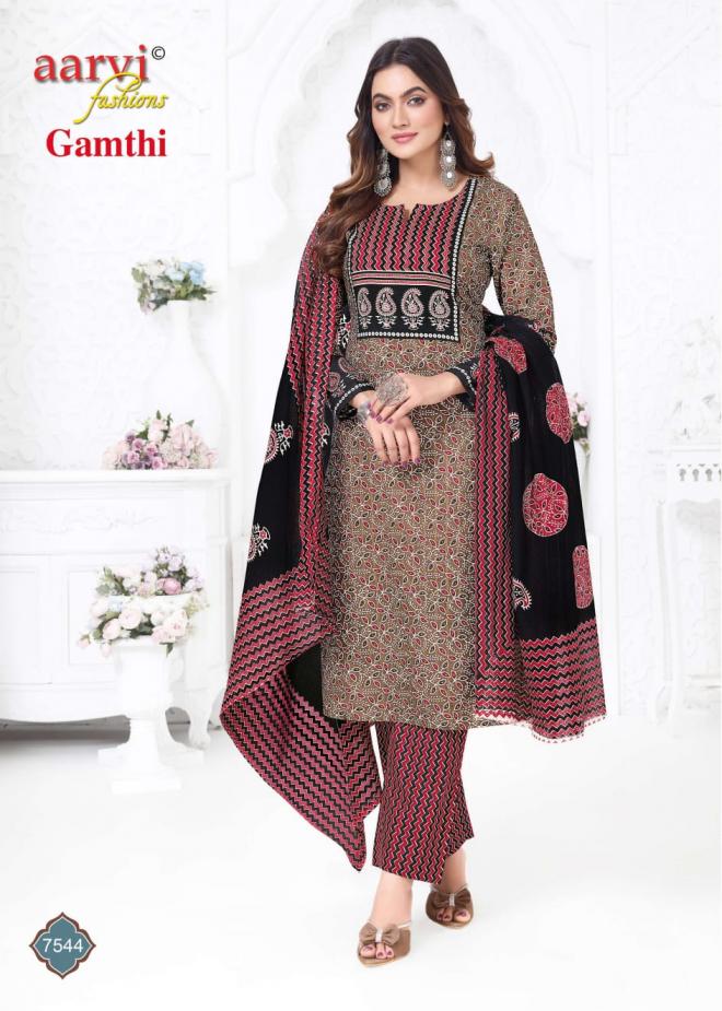 Aarvi Gamthi Vol 11 Readymade Cotton Hand Worked Kurti Pant With Dupatta