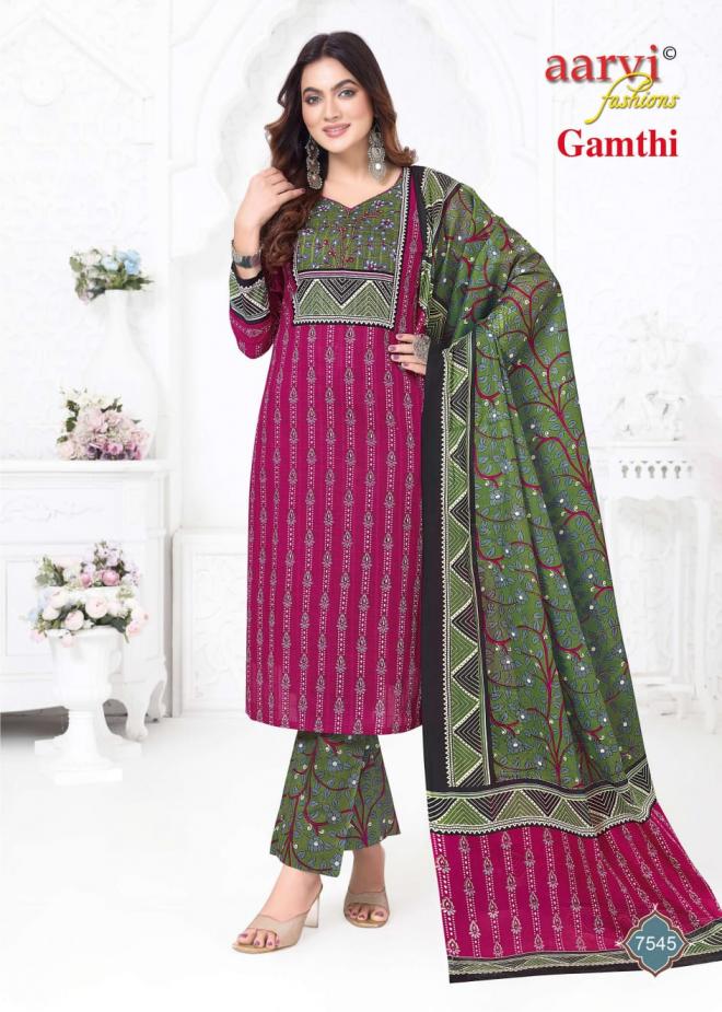 Aarvi Gamthi Vol 11 Readymade Cotton Hand Worked Kurti Pant With Dupatta